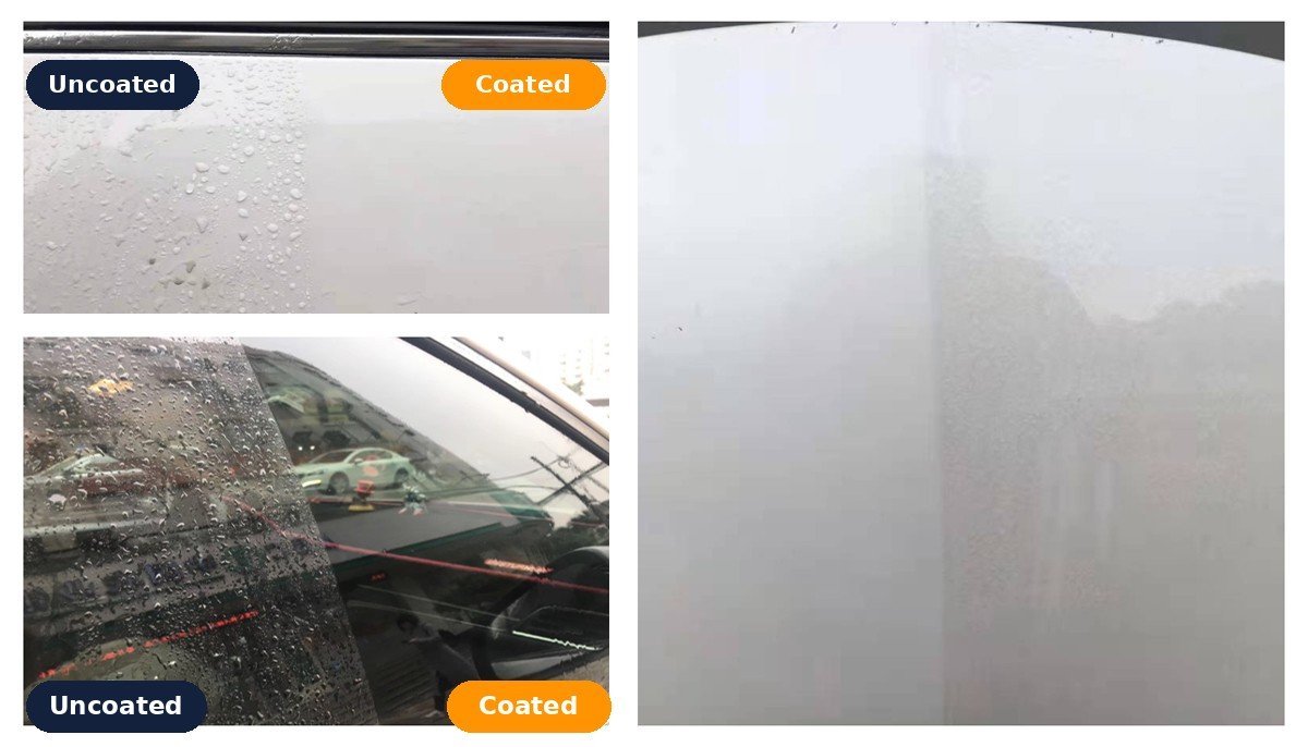 Spray test: uncoated area beads, coated area sheets
